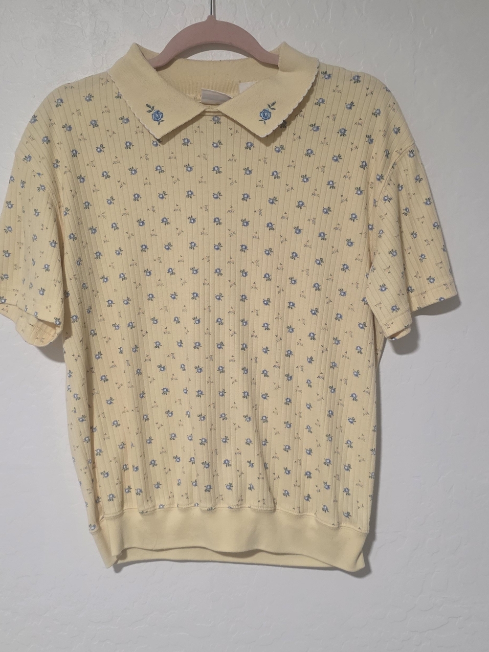 Vintage- Bobbie Brooks Pale Yellow Polo Top with Blue Floral Motif